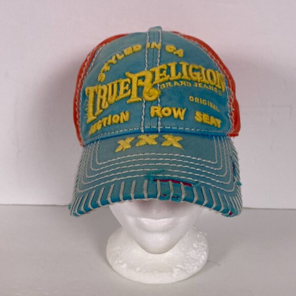 Vintage True Religion Distressed Hat Section Row Seat XXX Light Blue Orange - Picture 2 of 11